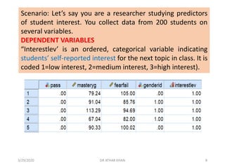 Scenario: Let’s say you are a researcher studying predictors
of student interest. You collect data from 200 students on
several variables.
DEPENDENT VARIABLES
“Interestlev’ is an ordered, categorical variable indicating
students’ self-reported interest for the next topic in class. It is
coded 1=low interest, 2=medium interest, 3=high interest).
3/29/2020 DR ATHAR KHAN 8
 