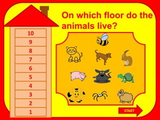 On which floor do the
     animals live?
10
9
8
7
6
5
4
3
2
                   START
1
 