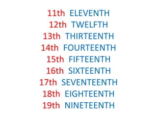 11th ELEVENTH
   12th TWELFTH
 13th THIRTEENTH
14th FOURTEENTH
  15th FIFTEENTH
  16th SIXTEENTH
17th SEVENTEENTH
 18th EIGHTEENTH
 19th NINETEENTH
 