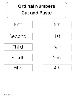 Ordinal Numbers
Cut and Paste
First
Third
Second
Fourth
Fifth
5th
1st
3rd
4th
2nd
©SalinaBakrin
 