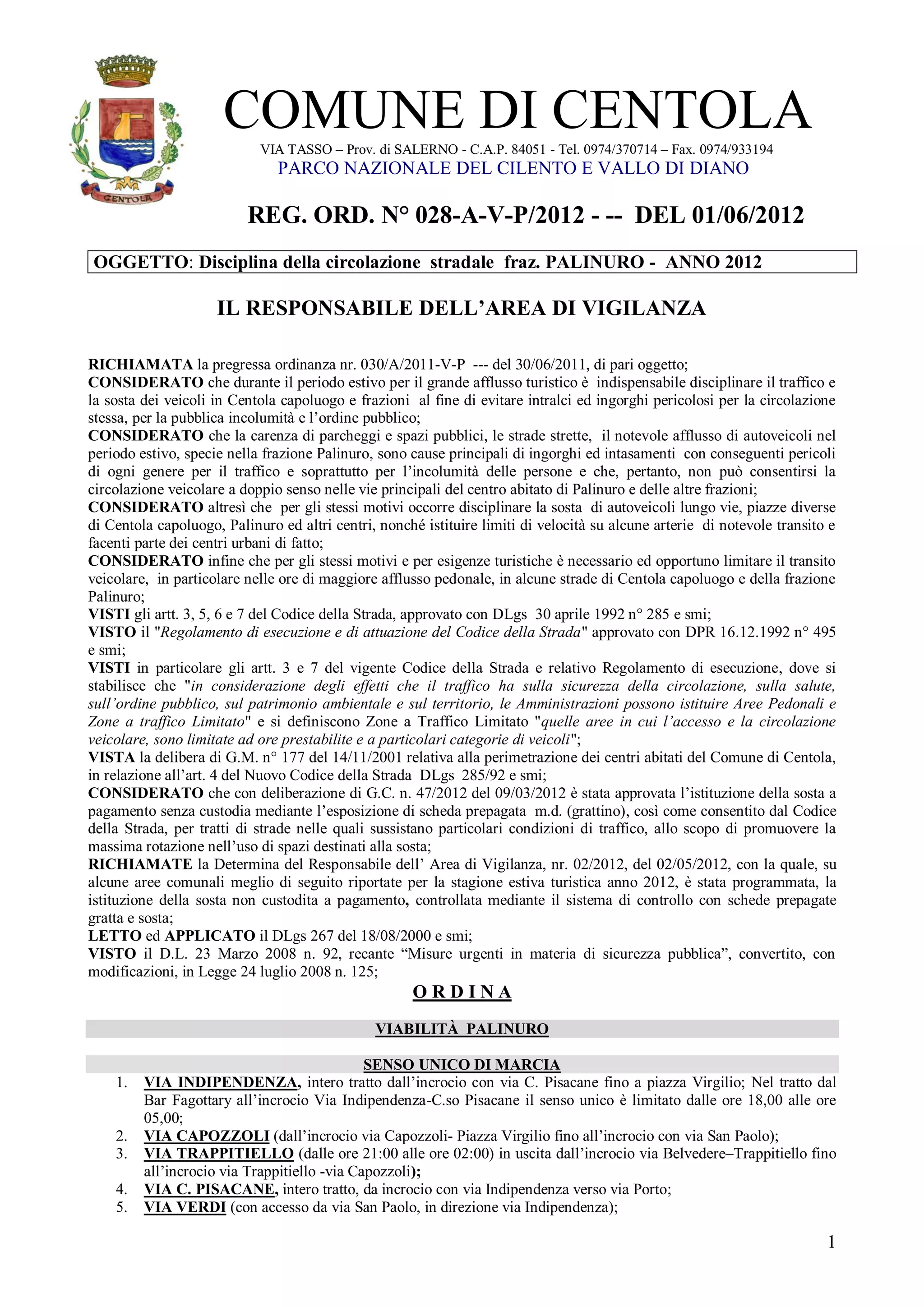 Disciplina della circolazione stradale a Palinuro, estate 2012. | PDF, image size:2048x2897