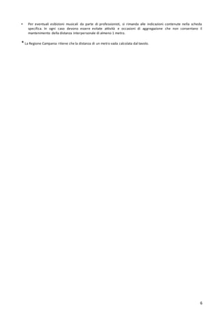 6
▪ Per eventuali esibizioni musicali da parte di professionisti, si rimanda alle indicazioni contenute nella scheda
specifica. In ogni caso devono essere evitate attività e occasioni di aggregazione che non consentano il
mantenimento della distanza interpersonale di almeno 1 metro.
*La Regione Campania ritiene che la distanza di un metro vada calcolata dal tavolo.
 