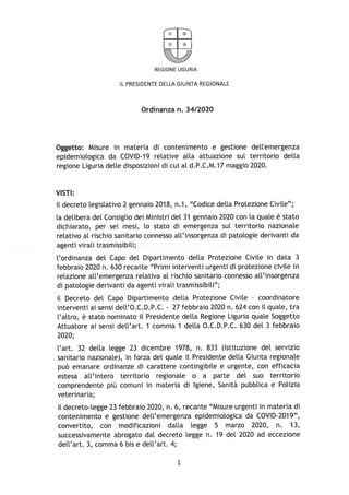Regione Liguria ordinanza 25 maggio 2020
