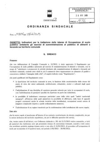 Ordinanza sindacale - OCCUPAZIONI SUOLO PUBBLICO, SI SNELLISCONO LE PROCEDURE PER BAR E RISTORANTI  