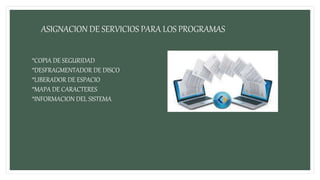 ASIGNACION DE SERVICIOS PARA LOS PROGRAMAS
*COPIA DE SEGURIDAD
*DESFRAGMENTADOR DE DISCO
*LIBERADOR DE ESPACIO
*MAPA DE CARACTERES
*INFORMACION DEL SISTEMA
 