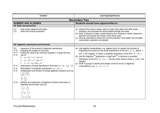 O-Level Mathematics 40
Content Learning Experiences
Secondary Two
NUMBER AND ALGEBRA Students should have opportunities to:
N2. Ratio and proportion
2.4. map scales (distance and area)
2.5. direct and inverse proportion
(a) Interpret the various scales used on maps, floor plans and other scale
drawings, and calculate the actual distance/length and area.
(b) Work in groups to make a scale drawing of an existing or dream classroom/
bedroom and explain the choice of the scale used.
(c) Discuss examples of direct and inverse proportion and explain the concepts
using tables, equations and graphs.
N5. Algebraic expressions and formulae
5.9. expansion of the product of algebraic expressions
5.10. changing the subject of a formula
5.11. finding the value of an unknown quantity in a given formula
5.12. use of:
• 2 2 2
( ) 2a b a ab b+ = + +
• 2 2 2
( ) 2a b a ab b− = − +
• 2 2
( )( )a b a b a b− = + −
5.13. factorisation of linear expressions of the form ax+ bx + kay + by
5.14. factorisation of quadratic expressions cbxax ++2
5.15. multiplication and division of simple algebraic fractions such as
2
3 5
34
a ab
b
  
  
  
2
3 9
4 10
a a
÷
5.16. addition and subtraction of algebraic fractions with linear or
quadratic denominator such as
1 2
2 3x x
+
− −
2
1 2
39 xx
+
−−
2
1 2
3 ( 3)x x
+
− −
(a) Use algebra manipulatives, e.g. algebra discs, to explain the process of
expanding the product of two linear expressions of the form px q+ , where p
and q are integers, to obtain a quadratic expression of the form 2
ax bx c+ + .
(b) Use the AlgeDisc
TM
application in AlgeTools
TM
to factorise a quadratic
expression of the form cbxax ++2
into two linear factors where a, b and c are
integers.
(c) Work in groups to identify and explain common errors in algebraic
manipulations, e.g. 2 2 2
( )x y x y+ = + .
 