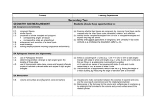 Content Learning Experiences
Secondary Two
GEOMETRY AND MEASUREMENT Students should have opportunities to:
G2. Congruence and similarity
2.1. congruent figures
2.2. similar figures
2.3. properties of similar triangles and polygons:
• corresponding angles are equal
• corresponding sides are proportional
2.4. enlargement and reduction of a plane figure
2.5. scale drawings
2.6. solving simple problems involving congruence and similarity
(a) Examine whether two figures are congruent, by checking if one figure can be
mapped onto the other figure under translation, rotation, and reflection.
(b) Identify similar triangles/rectangles from cut-outs of triangles/rectangles and
explain why they are similar.
(c) Identify and suggest applications of congruency and similarity in real-world
contexts, e.g. photocopying, tessellation patterns, etc.
G4. Pythagoras’ theorem and trigonometry
4.1. use of Pythagoras’ theorem
4.2. determining whether a triangle is right-angled given the
lengths of three sides
4.3. use of trigonometric ratios (sine, cosine and tangent) of acute
angles to calculate unknown sides and angles in right-angled
triangles
(a) Either (i) use strings of 12 units (e.g. 1 unit = 10 cm) to form a right-angled
triangle with sides of whole unit lengths (e.g. 3 units, 4 units and 5 units) and
find out if there is a relationship involving the three sides;
or (ii) use cut-out pieces of two squares with sides 3 units and 4 units
respectively to form a square of sides 5 units.
(b) Discuss the use of trigonometric ratios in real life, e.g. finding the height of
a tree/a building by measuring the angle of elevation with a clinometer.
G5. Mensuration
5.6. volume and surface area of pyramid, cone and sphere (a) Visualise and make connection between the volumes of pyramid and cone,
and the volumes of pyramid/cone and the related prism/cylinder.
(b) Make sense of the formulae for the volume and surface area of a sphere e.g.
by relating to the formulae for the volume and curved surface area of the
related cylinder.
 
