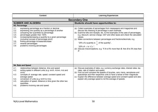 N(A)-Level Mathematics 50
Content Learning Experiences
Secondary One
NUMBER AND ALGEBRA Students should have opportunities to:
N3. Percentage
3.1. expressing percentage as a fraction or decimal
3.2. expressing one quantity as a percentage of another
3.3. comparing two quantities by percentage
3.4. percentages greater than 100%
3.5. increasing/decreasing a quantity by a given percentage
(including concept of percentage point)
3.6. finding percentage increase/decrease
3.7. reverse percentages
3.8. problems involving percentages
(a) Collect examples of percentages from newspapers and magazines and
discuss the meaning of percentage in each example.
(b) Examine bills and receipts, etc. to find examples of the uses of percentages,
e.g. discount, service charge, GST and other taxes and check the calculated
values.
(c) Make connections between percentages and fractions/decimals, e.g.
“25% of a quantity is
4
1
of the quantity”,
“20% of x is x2.0 ”.
(d) Discuss misconceptions, e.g. “If A is 5% more than B, then B is 5% less than
A”.
N4. Rate and Speed
4.1. relationships between distance, time and speed
4.2. writing speed in different units (e.g. km/h, m/min, m/s and
cm/s)
4.3. concepts of average rate, speed, constant speed and
average speed
4.4. conversion of units (e.g. km/h to m/s)
4.5. calculation of speed, distance or time given the other two
quantities
4.6. problems involving rate and speed
(a) Discuss examples of rates, e.g. currency exchange rates, interest rates, tax
rates, rate of rotation and speed.
(b) Find out and compare the speeds of bicycles, cars, trains, aeroplanes and
spaceships and their respective units to have a sense of their magnitude.
(c) Explain the difference between average speed and constant speed and also
explain why average speed is not the average of speeds.
 