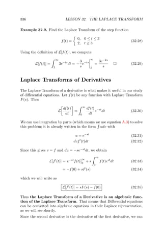 336 LESSON 32. THE LAPLACE TRANSFORM
Example 32.9. Find the Laplace Transform of the step function
f(t) =
0, 0 ≤ t ≤ 3
2, t ≥ 3
(32.28)
Using the deﬁnition of L[f(t)], we compute
L[f(t)] =
∞
2
3e−ts
dt = −
3
s
e−ts
∞
2
=
3e−2s
s
(32.29)
Laplace Transforms of Derivatives
The Laplace Transform of a derivative is what makes it useful in our study
of diﬀerential equations. Let f(t) be any function with Laplace Transform
F(s). Then
L
df(t)
dt
=
∞
0
df(t)
dt
e−st
dt (32.30)
We can use integration by parts (which means we use equation A.3) to solve
this problem; it is already written in the form udv with
u = e−st
(32.31)
dvf (t)dt (32.32)
Since this gives v = f and du = −se−st
dt, we obtain
L[f (t)] = e−st
f(t)
∞
0
+ s
∞
0
f(t)est
dt (32.33)
= −f(0) + sF(s) (32.34)
which we will write as
L[f (t)] = sF(s) − f(0) (32.35)
Thus the Laplace Transform of a Derivative is an algebraic func-
tion of the Laplace Transform. That means that Diﬀerential equations
can be converted into algebraic equations in their Laplace representation,
as we will see shortly.
Since the second derivative is the derivative of the ﬁrst derivative, we can
 
