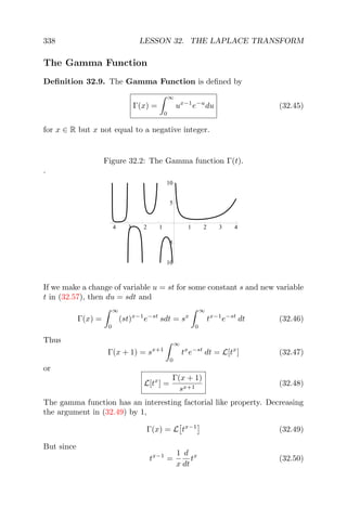 338 LESSON 32. THE LAPLACE TRANSFORM
The Gamma Function
Deﬁnition 32.9. The Gamma Function is deﬁned by
Γ(x) =
∞
0
ux−1
e−u
du (32.45)
for x ∈ R but x not equal to a negative integer.
Figure 32.2: The Gamma function Γ(t).
.
4 3 2 1 1 2 3 4
10
5
5
10
If we make a change of variable u = st for some constant s and new variable
t in (32.57), then du = sdt and
Γ(x) =
∞
0
(st)x−1
e−st
sdt = sx
∞
0
tx−1
e−st
dt (32.46)
Thus
Γ(x + 1) = sx+1
∞
0
tx
e−st
dt = L[tx
] (32.47)
or
L[tx
] =
Γ(x + 1)
sx+1
(32.48)
The gamma function has an interesting factorial like property. Decreasing
the argument in (32.49) by 1,
Γ(x) = L tx−1
(32.49)
But since
tx−1
=
1
x
d
dt
tx
(32.50)
 
