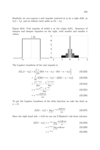355
Similarly, we can express a unit impulse centered at t0 by a right shift, as
δa(t − t0), and an inﬁnite unite spike as δ(t − t0).
Figure 32.6: Unit impulse of width a at the origin (left). Sequence of
sharper and sharper impulses on the right, with smaller and smaller a
values.
a a
1 2a
2 1 0 1 2
0
1
2
3
4
5
The Laplace transform of the unit impulse is
L[δa(t − t0)] = L
1
2a
(U(t + a − t0) − U(t − a − t0)) (32.222)
=
1
2a
[L[U(t + a − t0)] − L[U(t − a − t0)]] (32.223)
=
e(a−t0)s
2as
−
e−(a+t0)s
2as
(32.224)
= e−t0s eas
− e−as
2as
(32.225)
= e−t0s sinh as
as
(32.226)
To get the Laplace transform of the delta function we take the limit as
a → 0,
L[δ(t − t0)] = lim
a→0
e−t0s sinh as
as
(32.227)
Since the right hand side → 0/0 we can use L‘Hopital’s rule from calculus,
L[δ(t − t0)] = e−t0s
lim
a→0
a cosh as
a
(32.228)
= e−t0s
lim
a→0
cosh as (32.229)
= e−t0s
(32.230)
 