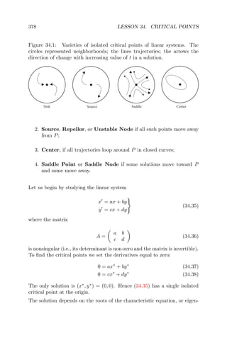 378 LESSON 34. CRITICAL POINTS
Figure 34.1: Varieties of isolated critical points of linear systems. The
circles represented neighborhoods; the lines trajectories; the arrows the
direction of change with increasing value of t in a solution.
Sink Source Saddle Center
2. Source, Repellor, or Unstable Node if all such points move away
from P;
3. Center, if all trajectories loop around P in closed curves;
4. Saddle Point or Saddle Node if some solutions move toward P
and some move away.
Let us begin by studying the linear system
x = ax + by
y = cx + dy
(34.35)
where the matrix
A =
a b
c d
(34.36)
is nonsingular (i.e., its determinant is non-zero and the matrix is invertible).
To ﬁnd the critical points we set the derivatives equal to zero:
0 = ax∗
+ by∗
(34.37)
0 = cx∗
+ dy∗
(34.38)
The only solution is (x∗
, y∗
) = (0, 0). Hence (34.35) has a single isolated
critical point at the origin.
The solution depends on the roots of the characteristic equation, or eigen-
 