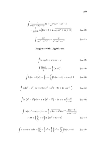 399
x
√
ax2 + bx + c
dx =
1
a
ax2 + bx + c
−
b
2a3/2
ln 2ax + b + 2 a(ax2 + bx + c) (A.40)
dx
(a2 + x2)3/2
=
x
a2
√
a2 + x2
(A.41)
Integrals with Logarithms
ln axdx = x ln ax − x (A.42)
ln ax
x
dx =
1
2
(ln ax)
2
(A.43)
ln(ax + b)dx = x +
b
a
ln(ax + b) − x, a = 0 (A.44)
ln x2
+ a2
dx = x ln x2
+ a2
− 2x + 2a tan−1 x
a
(A.45)
ln x2
− b2
dx = x ln x2
− b2
− 2x + a ln
x + a
x − a
(A.46)
ln ax2
+ bx + c dx =
1
a
4ac − b2 tan−1 2ax + b
√
4ac − b2
− 2x +
b
2a
+ x ln ax2
+ bx + c (A.47)
x ln(ax + b)dx =
bx
2a
−
1
4
x2
+
1
2
x2
−
b2
a2
ln(ax + b) (A.48)
 