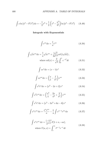 400 APPENDIX A. TABLE OF INTEGRALS
x ln a2
− b2
x2
dx = −
1
2
x2
+
1
2
x2
−
a2
b2
ln a2
− b2
x2
(A.49)
Integrals with Exponentials
eax
dx =
1
a
eax
(A.50)
√
xeax
dx =
1
a
√
xeax
+
i
√
π
2a3/2
erf i
√
ax ,
where erf(x) =
2
√
π
x
0
e−t2
dt (A.51)
xex
dx = (x − 1)ex
(A.52)
xeax
dx =
x
a
−
1
a2
eax
(A.53)
x2
ex
dx = x2
− 2x + 2 ex
(A.54)
x2
eax
dx =
x2
a
−
2x
a2
+
2
a3
eax
(A.55)
x3
ex
dx = x3
− 3x2
+ 6x − 6 ex
(A.56)
xn
eax
dx =
xn
eax
a
−
n
a
xn−1
eax
dx (A.57)
xn
eax
dx =
(−1)n
an+1
Γ[1 + n, −ax],
where Γ(a, x) =
∞
x
ta−1
e−t
dt
(A.58)
 