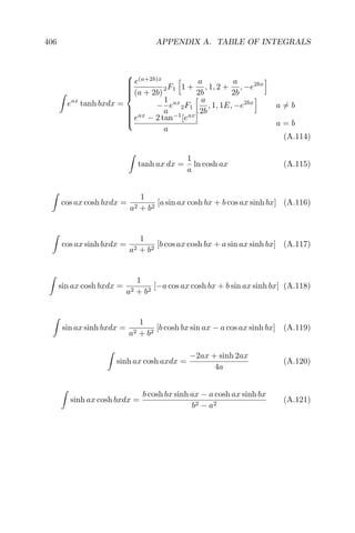406 APPENDIX A. TABLE OF INTEGRALS
eax
tanh bxdx =



e(a+2b)x
(a + 2b)
2F1 1 +
a
2b
, 1, 2 +
a
2b
, −e2bx
−
1
a
eax
2F1
a
2b
, 1, 1E, −e2bx
a = b
eax
− 2 tan−1
[eax
]
a
a = b
(A.114)
tanh ax dx =
1
a
ln cosh ax (A.115)
cos ax cosh bxdx =
1
a2 + b2
[a sin ax cosh bx + b cos ax sinh bx] (A.116)
cos ax sinh bxdx =
1
a2 + b2
[b cos ax cosh bx + a sin ax sinh bx] (A.117)
sin ax cosh bxdx =
1
a2 + b2
[−a cos ax cosh bx + b sin ax sinh bx] (A.118)
sin ax sinh bxdx =
1
a2 + b2
[b cosh bx sin ax − a cos ax sinh bx] (A.119)
sinh ax cosh axdx =
−2ax + sinh 2ax
4a
(A.120)
sinh ax cosh bxdx =
b cosh bx sinh ax − a cosh ax sinh bx
b2 − a2
(A.121)
 