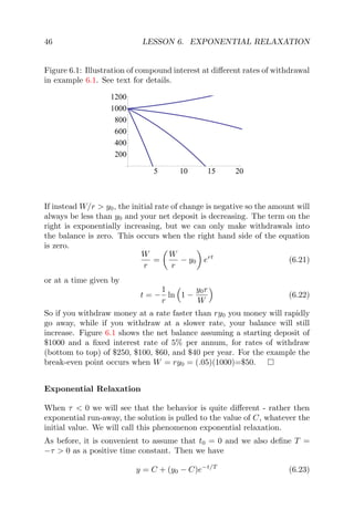 46 LESSON 6. EXPONENTIAL RELAXATION
Figure 6.1: Illustration of compound interest at diﬀerent rates of withdrawal
in example 6.1. See text for details.
5 10 15 20
200
400
600
800
1000
1200
If instead W/r > y0, the initial rate of change is negative so the amount will
always be less than y0 and your net deposit is decreasing. The term on the
right is exponentially increasing, but we can only make withdrawals into
the balance is zero. This occurs when the right hand side of the equation
is zero.
W
r
=
W
r
− y0 ert
(6.21)
or at a time given by
t = −
1
r
ln 1 −
y0r
W
(6.22)
So if you withdraw money at a rate faster than ry0 you money will rapidly
go away, while if you withdraw at a slower rate, your balance will still
increase. Figure 6.1 shows the net balance assuming a starting deposit of
$1000 and a ﬁxed interest rate of 5% per annum, for rates of withdraw
(bottom to top) of $250, $100, $60, and $40 per year. For the example the
break-even point occurs when W = ry0 = (.05)(1000)=$50.
Exponential Relaxation
When τ < 0 we will see that the behavior is quite diﬀerent - rather then
exponential run-away, the solution is pulled to the value of C, whatever the
initial value. We will call this phenomenon exponential relaxation.
As before, it is convenient to assume that t0 = 0 and we also deﬁne T =
−τ > 0 as a positive time constant. Then we have
y = C + (y0 − C)e−t/T
(6.23)
 