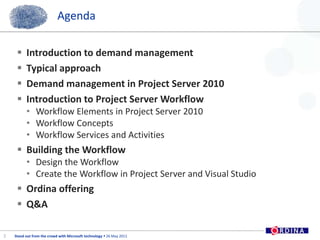 AgendaIntroduction to demandmanagementTypical approachDemand management in Project Server 2010Introduction to Project Server WorkflowWorkflow Elements in Project Server 2010Workflow ConceptsWorkflow Services and ActivitiesBuilding the WorkflowDesign the WorkflowCreate the Workflow in Project Server and Visual StudioOrdina offeringQ&A3