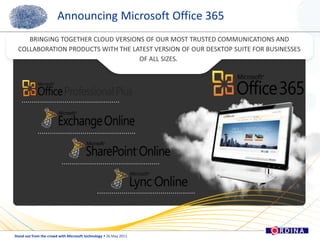 BRINGING TOGETHER CLOUD VERSIONS OF OUR MOST TRUSTED COMMUNICATIONS AND COLLABORATION PRODUCTS WITH THE LATEST VERSION OF OUR DESKTOP SUITE FOR BUSINESSES OF ALL SIZES. Announcing Microsoft Office 365
