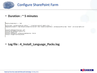 Configure SharePoint Farm Duration : ~ 5 minutesLog file : 4_Install_Language_Packs.log