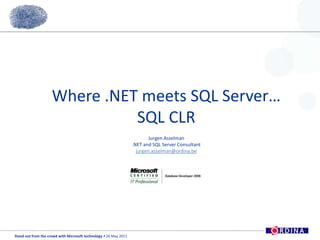 Where .NET meets SQL Server… SQL CLRJurgen Asselman.NET and SQL Server Consultantjurgen.asselman@ordina.be,[object Object]