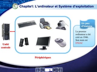 Chapite1: L’ordinateur et Système d’exploitation




                                                     Un peu
                                                     d’histoire

                                               Le premier
                                               ordinateur a été
                                               créé en 1946.
                                               Son nom est
                                               ENIAC
 Unité
centrale


                    Périphériques


                                                     LOGO
                               3
 