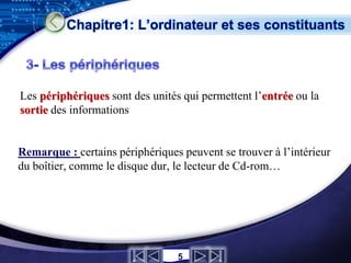 Chapitre1: L’ordinateur et ses constituants




Les périphériques sont des unités qui permettent l’entrée ou la
sortie des informations


Remarque : certains périphériques peuvent se trouver à l’intérieur
du boîtier, comme le disque dur, le lecteur de Cd-rom…




                                                          LOGO
                                 5
 