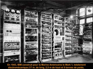 En 1943,  IBM construit pour   la Marine Américaine le Mark 1, totalement électromécanique (17 m. de long, 2,5 m de haut et 5 tonnes de poids.  