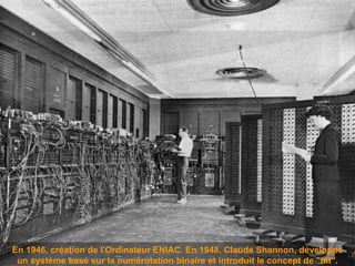 En 1946, création de l'Ordinateur ENIAC.  En 1948, Claude Shannon,  développe un système basé sur la numérotation binaire et introduit le concept de "bit". 