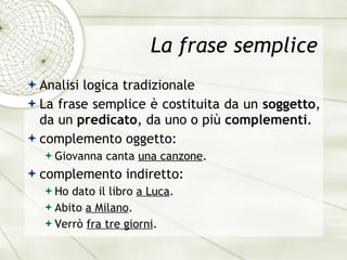 La frase semplice Analisi logica tradizionale La frase semplice  è  costituita da un  soggetto , da un  predicato , da uno o pi ù   complementi .  complemento oggetto:  Giovanna canta  una canzone . complemento indiretto:  Ho dato il libro  a Luca . Abito  a Milano . Verr ò   fra tre giorni . 