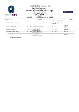 SCANDIANO 27-28 Settembre 2014 
2002 16:35:00 
1 228 LO STREGONE ITA PITTOTO FRANCESCO C ITA Brev. 
CE MEDICINESE ASD 
00 16:40:00 
2 229 LA RINALDA SCN STRADA LUCIA C ITA Brev. 
C.I.ARGENTANO ASD 
2004 16:45:00 
3 230 PENELOPE DI GABI ITA SELLERI FRANCESCA J ITA Brev. 
P.C. MONTEVECCHIO ASD 
1995 16:50:00 
4 231 NAVAJO - B NED BRANDI SOFIA J ITA Brev. 
P.C. MONTEVECCHIO ASD 
* Componenti Squadra 
INVITO-1-2-3-CNC1* 
Ordine di Partenza - Dressage 
INV CAV 
27/09/2014 - 16:35:00 Campo in sabbia 
26/09/2014 00:31  0,00 
Giudice in C MAURO TARANA 
Delegato Tecnico ADELMO MAZZA 
Ripresa 
Punt. Max 
RIPRESA 2/2 
170 
Dressage 
Pagina 1 di 1 
