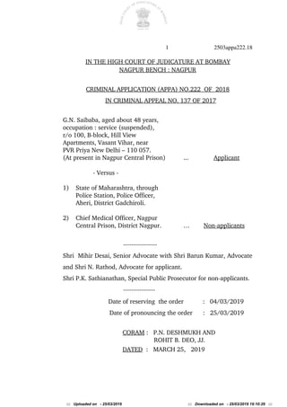   1 2503appa222.18
IN THE HIGH COURT OF JUDICATURE AT BOMBAY
NAGPUR BENCH : NAGPUR
CRIMINAL APPLICATION (APPA) NO.222  OF ...