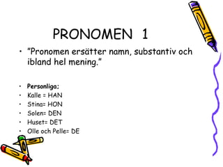 PRONOMEN 1
• ”Pronomen ersätter namn, substantiv och
  ibland hel mening.”

•   Personliga;
•   Kalle = HAN
•   Stina= HON
•   Solen= DEN
•   Huset= DET
•   Olle och Pelle= DE
 