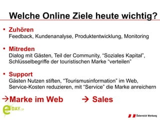 Zuhören Feedback, Kundenanalyse, Produktentwicklung, Monitoring Mitreden Dialog mit Gästen, Teil der Community, “Soziales Kapital”, Schlüsselbegriffe der touristischen Marke “verteilen” Support Gästen Nutzen stiften, “Tourismusinformation” im Web, Service-Kosten reduzieren, mit “Service” die Marke anreichern Welche Online Ziele heute wichtig? Marke im Web     Sales 
