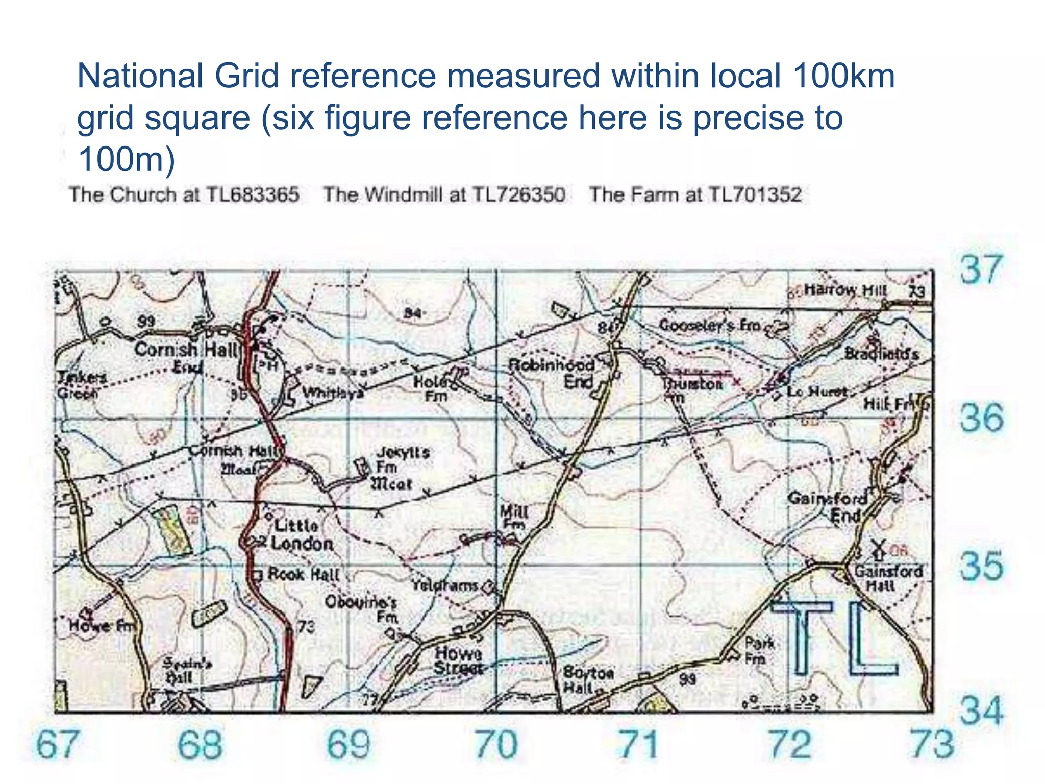 National Grid reference measured within local 100km
grid square (six figure reference here is precise to
100m)
 