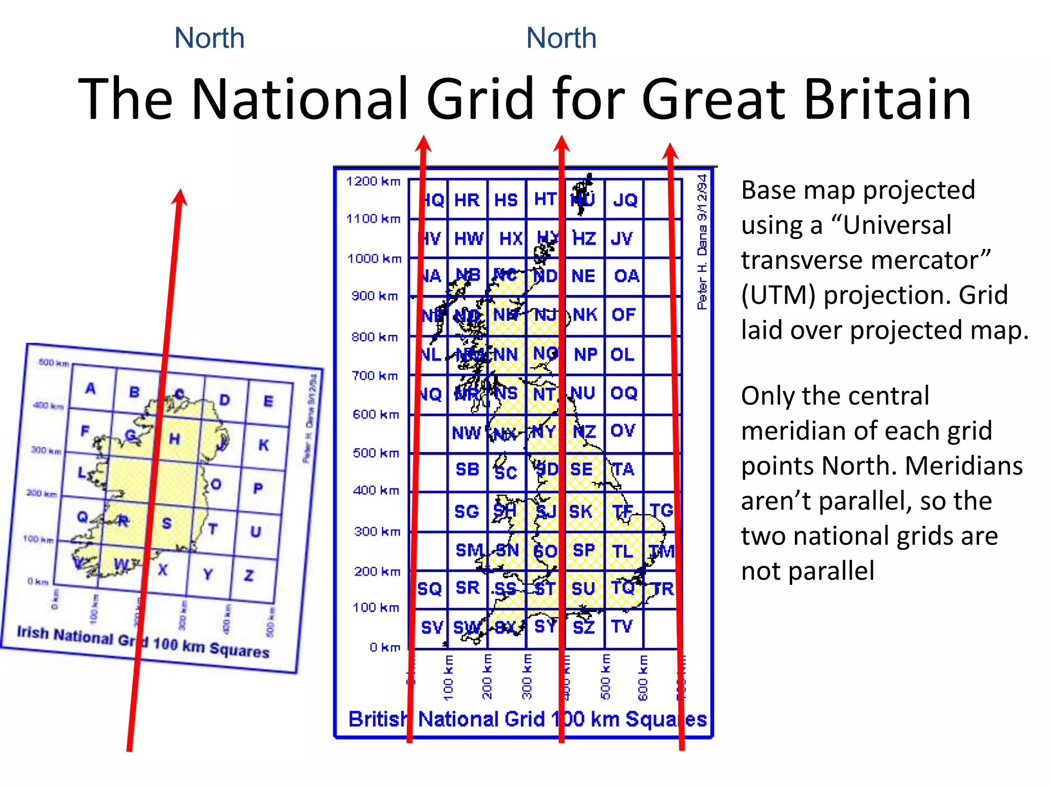 North         North

The National Grid for Great Britain
                         Base map projected
                         using a “Universal
                         transverse mercator”
                         (UTM) projection. Grid
                         laid over projected map.

                         Only the central
                         meridian of each grid
                         points North. Meridians
                         aren’t parallel, so the
                         two national grids are
                         not parallel
 