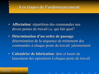 Ordonnancement
(ADM-1069) 11
Les étapes de l’ordonnancement
• Affectation: répartition des commandes aux
divers postes de travail i.e. qui fait quoi?
• Détermination d’un ordre de passage:
détermination de la séquence de traitement des
commandes à chaque poste de travail: jalonnement
• Calendrier de fabrication: date et heure de
lancement des opérations à chaque poste de travail
 