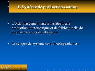 Ordonnancement
(ADM-1069) 14
1) Système de production continu
• L’ordonnancement vise à maintenir une
production ininterrompue et de faibles stocks de
produits en cours de fabrication.
• Les étapes du système sont interdépendantes.
 