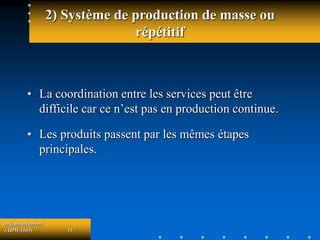 Ordonnancement
(ADM-1069) 15
2) Système de production de masse ou
répétitif
• La coordination entre les services peut être
difficile car ce n’est pas en production continue.
• Les produits passent par les mêmes étapes
principales.
 