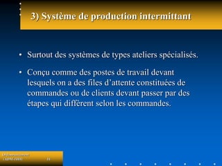 Ordonnancement
(ADM-1069) 16
3) Système de production intermittant
• Surtout des systèmes de types ateliers spécialisés.
• Conçu comme des postes de travail devant
lesquels on a des files d’attente constituées de
commandes ou de clients devant passer par des
étapes qui diffèrent selon les commandes.
 