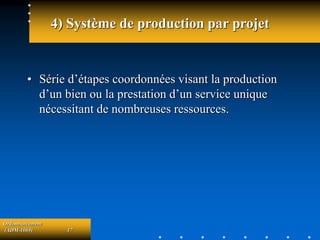 Ordonnancement
(ADM-1069) 17
4) Système de production par projet
• Série d’étapes coordonnées visant la production
d’un bien ou la prestation d’un service unique
nécessitant de nombreuses ressources.
 