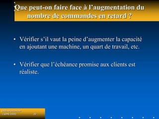 Ordonnancement
(ADM-1069) 20
Que peut-on faire face à l’augmentation du
nombre de commandes en retard ?
• Vérifier s’il vaut la peine d’augmenter la capacité
en ajoutant une machine, un quart de travail, etc.
• Vérifier que l’échéance promise aux clients est
réaliste.
 