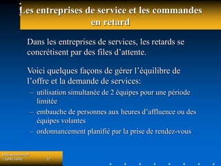 Ordonnancement
(ADM-1069) 22
Les entreprises de service et les commandes
en retard
Dans les entreprises de services, les retards se
concrétisent par des files d’attente.
Voici quelques façons de gérer l’équilibre de
l’offre et la demande de services:
– utilisation simultanée de 2 équipes pour une période
limitée
– embauche de personnes aux heures d’affluence ou des
équipes volantes
– ordonnancement planifié par la prise de rendez-vous
 