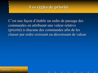Ordonnancement
(ADM-1069) 26
Les règles de priorité
C’est une façon d’établir un ordre de passage des
commandes en attribuant une valeur relative
(priorité) à chacune des commandes afin de les
classer par ordre croissant ou décroissant de valeur.
 