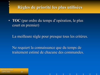 Ordonnancement
(ADM-1069) 28
Règles de priorité les plus utilisées
• TOC (par ordre du temps d’opération, le plus
court en premier)
La meilleure règle pour presque tous les critères.
Ne requiert la connaissance que du temps de
traitement estimé de chacune des commandes.
 