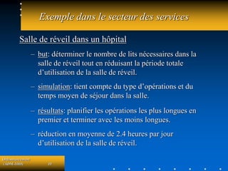 Ordonnancement
(ADM-1069) 35
Exemple dans le secteur des services
Salle de réveil dans un hôpital
– but: déterminer le nombre de lits nécessaires dans la
salle de réveil tout en réduisant la période totale
d’utilisation de la salle de réveil.
– simulation: tient compte du type d’opérations et du
temps moyen de séjour dans la salle.
– résultats: planifier les opérations les plus longues en
premier et terminer avec les moins longues.
– réduction en moyenne de 2.4 heures par jour
d’utilisation de la salle de réveil.
 