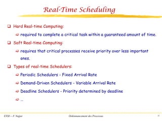 ENSI -- F. Najjar Ordonnancement des Processus
Real-Time Scheduling
❑ Hard Real-time Computing:
 required to complete a critical task within a guaranteed amount of time.
❑ Soft Real-time Computing:
 requires that critical processes receive priority over less important
ones.
❑ Types of real-time Schedulers:
 Periodic Schedulers - Fixed Arrival Rate
 Demand-Driven Schedulers - Variable Arrival Rate
 Deadline Schedulers - Priority determined by deadline
 …
25
 