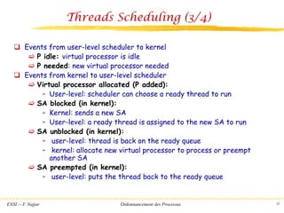 ENSI -- F. Najjar Ordonnancement des Processus
Threads Scheduling (3/4)
❑ Events from user-level scheduler to kernel
 P idle: virtual processor is idle
 P needed: new virtual processor needed
❑ Events from kernel to user-level scheduler
 Virtual processor allocated (P added):
– User-level: scheduler can choose a ready thread to run
 SA blocked (in kernel):
– Kernel: sends a new SA
– User-level: a ready thread is assigned to the new SA to run
 SA unblocked (in kernel):
– user-level: thread is back on the ready queue
– kernel: allocate new virtual processor to process or preempt
another SA
 SA preempted (in kernel):
– user-level: puts the thread back to the ready queue
25
 