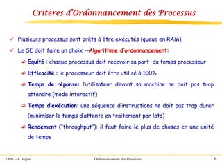 ENSI -- F. Najjar Ordonnancement des Processus 6
Critères d’Ordonnancement des Processus
✓ Plusieurs processus sont prêts à être exécutés (queue en RAM).
✓ Le SE doit faire un choix --Algorithme d’ordonnancement:
 Equité : chaque processus doit recevoir sa part du temps processeur
 Efficacité : le processeur doit être utilisé à 100%
 Temps de réponse: l’utilisateur devant sa machine ne doit pas trop
attendre (mode interactif)
 Temps d’exécution: une séquence d’instructions ne doit pas trop durer
(minimiser le temps d’attente en traitement par lots)
 Rendement (’’throughput’’): il faut faire le plus de choses en une unité
de temps
 