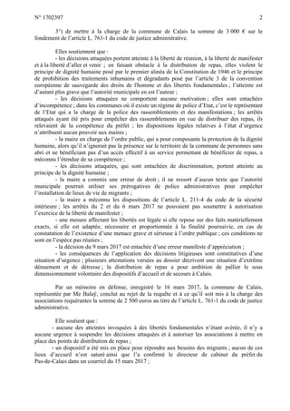 N° 1702397 2
3°) de mettre à la charge de la commune de Calais la somme de 3 000 € sur le
fondement de l’article L. 761-1 ...