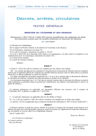 Décrets, arrêtés, circulaires
TEXTES GÉNÉRAUX
MINISTÈRE DE L’ÉCONOMIE ET DES FINANCES
Ordonnance no
2017-1142 du 7 juillet...